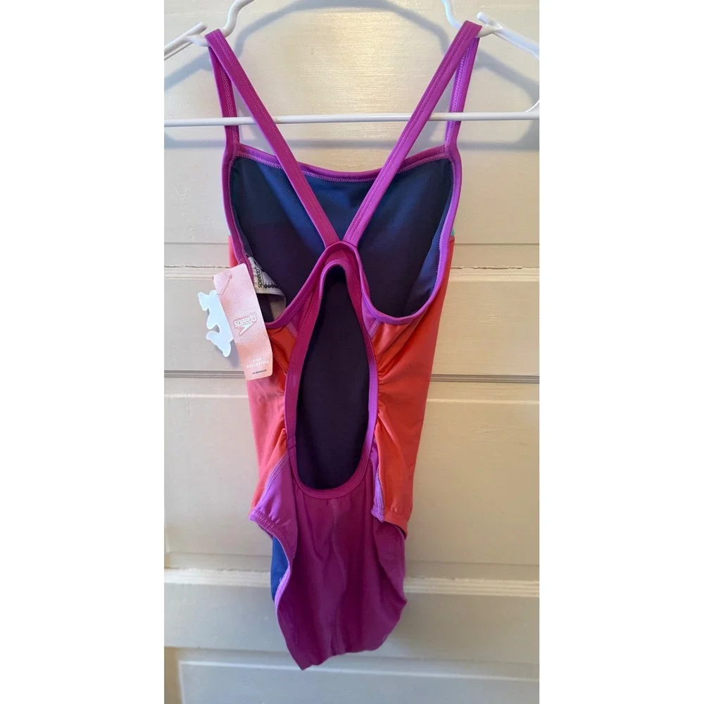 Speedo‎ Color Block One Piece Swimsuit Women Teal Pink Purple Athletic Swim 32